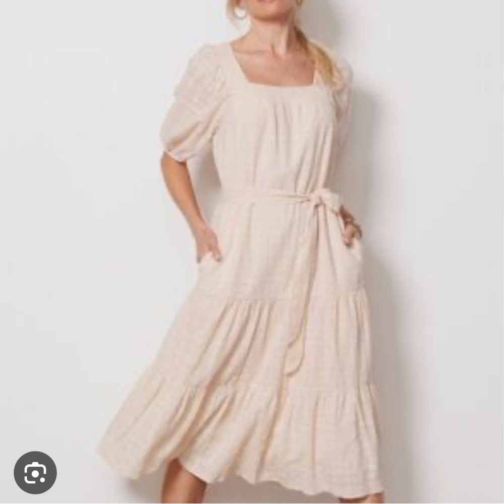 Evereve Carly Cream Midi Dress with Belt‎ Cottagecore Boho Tiered Easter Spring